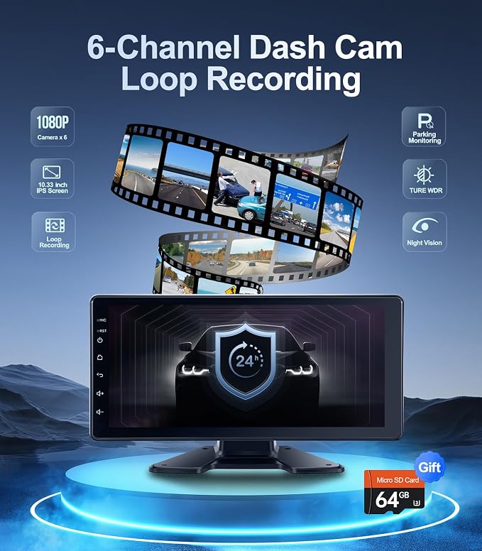 6-Channel 1080P Dash Cam Backup Camera System with 10.33 Inch Touch Screen Parking Monitor, Back Up Camera Car Radio for RV/Truck/Trailer/Van/SUV/Cars,Wireless Carplay/Android Auto/WiFi/Bluetooth/FM