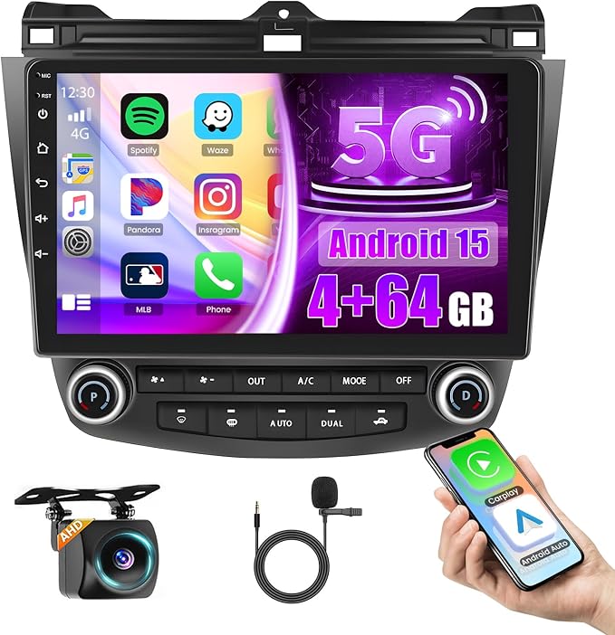 [4+64G] for Honda Accord 2003 2004 2005 2006 2007 Android Car Stereo, 10.1 Inch Touchscreen Radio Carplay/Android Auto/GPS Navigation/Mirror Link/WiFi/Bluetooth/DSP/FM RDS+AHD Backup Camera
