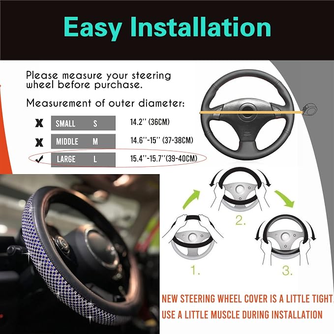Large Size Bling Comfy Steering Wheel Cover with Jumbo Crystal Rhinestones, Anti-Slip Diamond Leather, 15.5-15.75 Inch (Blue)