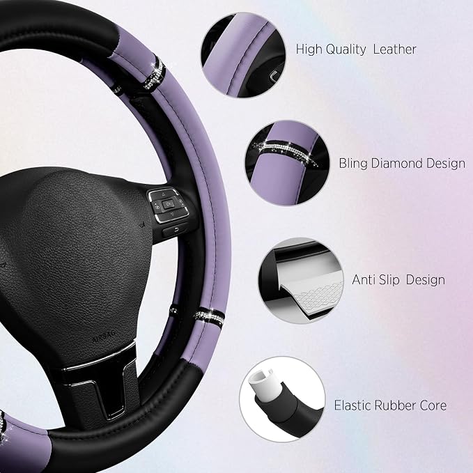 Road Comfort Leather Steering Wheel Cover – Premium Anti-Slip Car Steering Wheel Grip Cover – Universal Fit for 14.5”–15” Cars, Trucks & SUVs - Purple