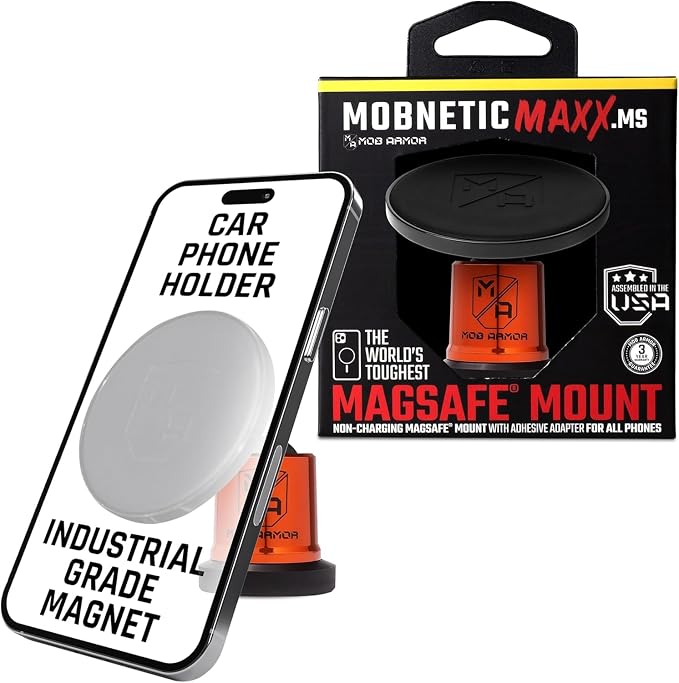 MobNetic Maxx MS - MagSafe Compatible Car Phone Mount w/ 90º Tilt, 360º Rotation & Durable Aluminum Build, Magnetic Holder for iPhone & Android Devices, USA Assembled - Orange Chrome