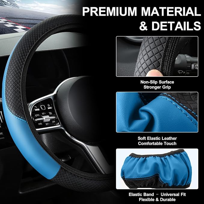 Car Steering Wheel Cover, 15 inch Carbon Fiber Microfiber Anti-Slip Breathable PU Leather Elastic Steering Wheel Protector, Car Interior Accessories for Most Cars (AD-Blue)