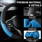 Car Steering Wheel Cover, 15 inch Carbon Fiber Microfiber Anti-Slip Breathable PU Leather Elastic Steering Wheel Protector, Car Interior Accessories for Most Cars (AD-Blue)