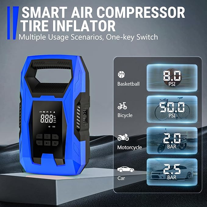 AC/DC Tire Inflator Portable Air Compressor, Dual Power for Home 110V AC and Car 12V DC Air Pump with Pressure Gauge, Auto Shutoff, Tire Pump for Car Motorcycle Bike and Other Inflatables, Blue