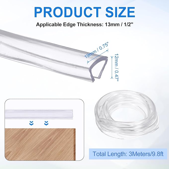 Clear Edge Trim, 9.8Ft Silicone U Channel Edge Protector, Edges Guards Fits 1/2" for Car Doors Sheet Metal Parts (3/4" W x 15/32" H)