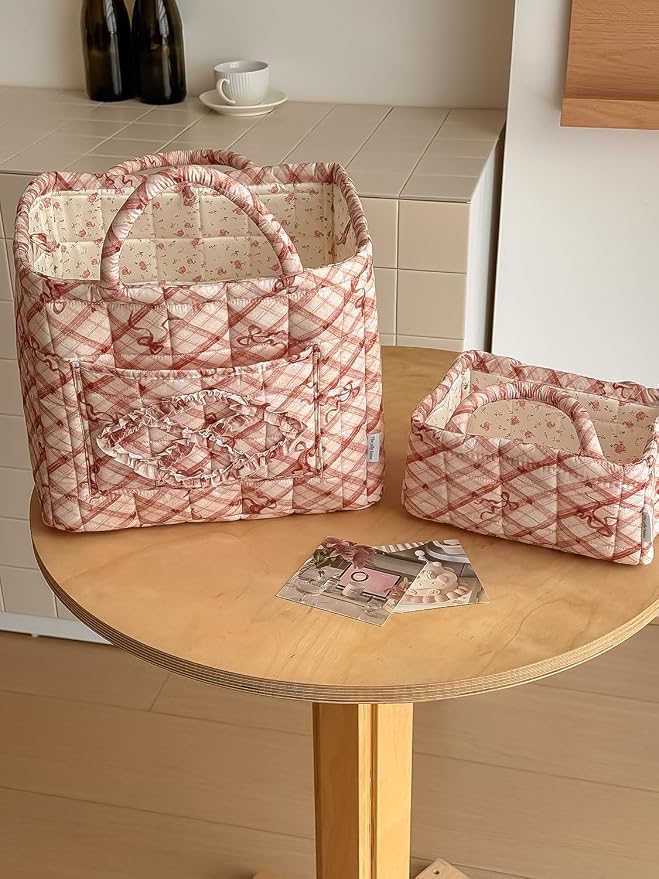 Floral Fabric Storage Basket Car Interior Storage Basket Underwear Sundries Laundry Baskets Supplies Home Organizer Bag (red bow)