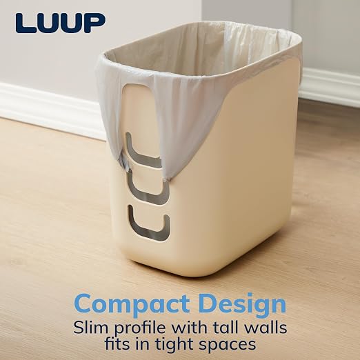 Luup Bathroom Wastebasket, Secure Grocery Bags, Plastic Garbage Container for Vanity, Laundry Room, Kitchen, Office, 2.5 Gallon, Beige, Made in USA
