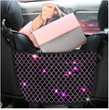 Bling Car Net Pocket Handbag Holder, Rhinestone Vehicle Backseat Purse Organizer Between Seats, Diamond Hanging Storage Bag Barrier of Pet Kids, Universal Automotive Accessories (Pink)