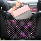Bling Car Net Pocket Handbag Holder, Rhinestone Vehicle Backseat Purse Organizer Between Seats, Diamond Hanging Storage Bag Barrier of Pet Kids, Universal Automotive Accessories (Pink)