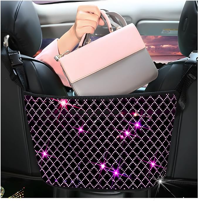 Bling Car Net Pocket Handbag Holder, Rhinestone Vehicle Backseat Purse Organizer Between Seats, Diamond Hanging Storage Bag Barrier of Pet Kids, Universal Automotive Accessories (Pink)