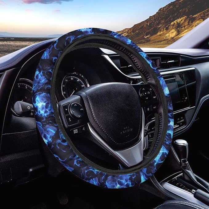 Skull Blue Flame Automotive Steering Wheel Covers Universal Fit 14 to 15 inch Steering Wheel Covers with Cloth for Women Keep Warm Comfort Grip Sweat Absorption Neoprene