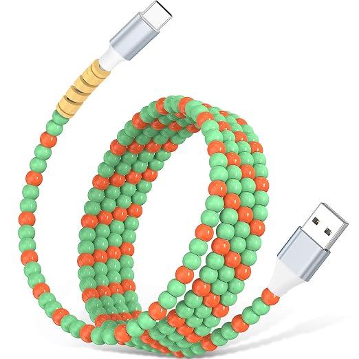 USB A to USB C Cable 3FT,Beaded Charger Cord for iPhone 17 16 Pro Max 17e 15 Car play,Type C Cute Car Charger Cord for iPad 10 11th A16/Samsung S26 S25 S24 S23 FE/Android Phone Girl Women,Green-Orange