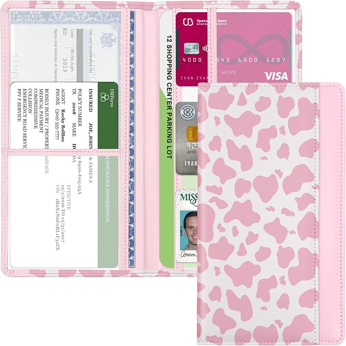 Car Registration and Insurance Holder, with Magnetic Closure for License, Cards and Documents, All Vehicle Needs and Car Accessories (Cow-Pink)