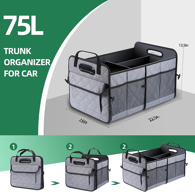 Car Trunk Organizer, 75L Large Capacity Waterproof Auto Storage with Non-Slip Bottom Strips, Collapsible Cargo Organizer for Suv, Truck, Sedan, Portable Car Accessories for Women Men(Grey)