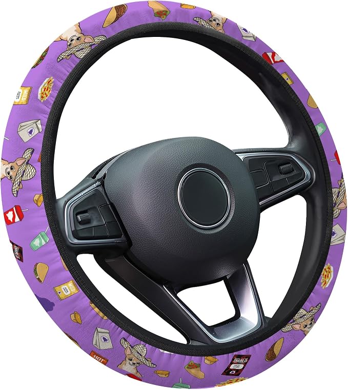Purple Fast Food Icon Steering Wheel Cover, Polyester Car Wheel Grip, Universal 15 Inch for Cars SUVs Trucks