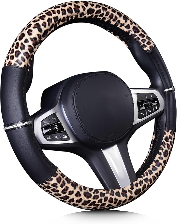 Leopard Steering Wheel Cover - Bling Crystal Rhinestones Cheetah Print on Leather Non-Slip Breathable Design for Women/Girls Universal Fit 14.5-15 Inch(Black & Yellow)
