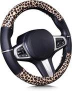 Leopard Steering Wheel Cover - Bling Crystal Rhinestones Cheetah Print on Leather Non-Slip Breathable Design for Women/Girls Universal Fit 14.5-15 Inch(Black & Yellow)