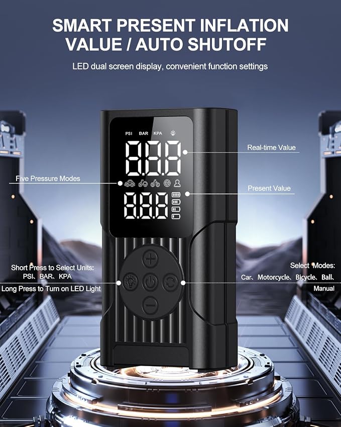 Tire Inflator Portable Air Compressor - 3X Faster Cordless Air Pump for Car Tires, 150PSI Electric Bike Pump with Digital Gauge & Auto Shut Off, LED Light, Power Bank