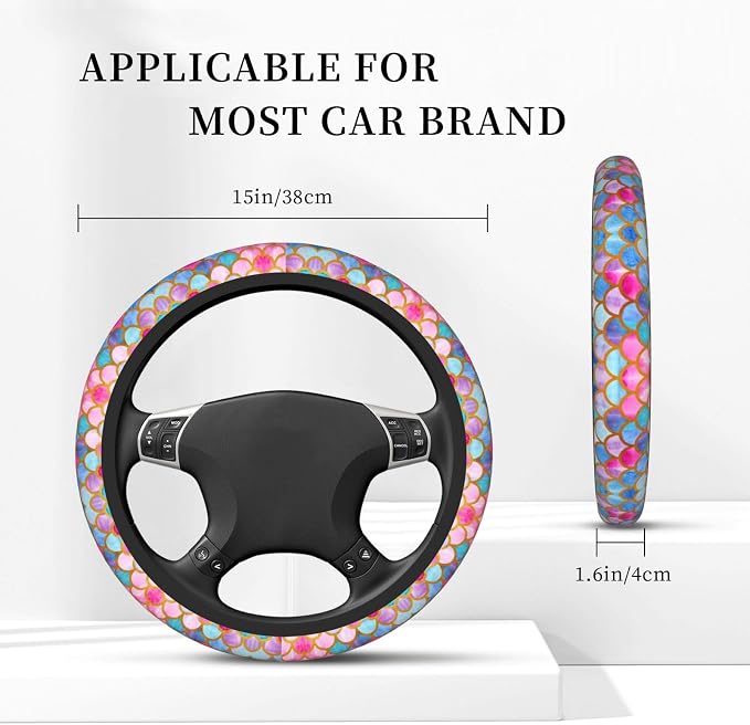 Mermaid Fish Scale Steering Wheel Cover, Universal 15 Inch Colorful Neoprene Car Protector, Non-Slip & Breathable Wheel Sleeve for Most Cars, Sedans, SUVs, and Trucks