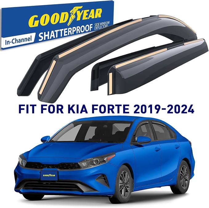 Goodyear Shatterproof in-Channel Window Deflectors for Kia Forte 2019-2024, Rain Guards, Window Visors for Cars, Vent Deflector, Car Accessories, 4 pcs - GY008426