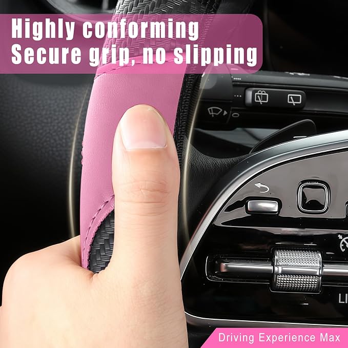 Leather Car Steering Wheel Cover, 15 Inch Anti-Slip Carbon Fiber Black Steering Wheel Cover, Universal Car Interior Accessories for Trucks Sedans SUVs (Black & Pink)