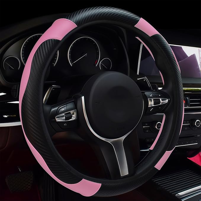 Leather Car Steering Wheel Cover, 15 Inch Anti-Slip Carbon Fiber Black Steering Wheel Cover, Universal Car Interior Accessories for Trucks Sedans SUVs (Black & Pink)