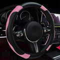 Leather Car Steering Wheel Cover, 15 Inch Anti-Slip Carbon Fiber Black Steering Wheel Cover, Universal Car Interior Accessories for Trucks Sedans SUVs (Black & Pink)