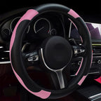 Leather Car Steering Wheel Cover, 15 Inch Anti-Slip Carbon Fiber Black Steering Wheel Cover, Universal Car Interior Accessories for Trucks Sedans SUVs (Black & Pink)