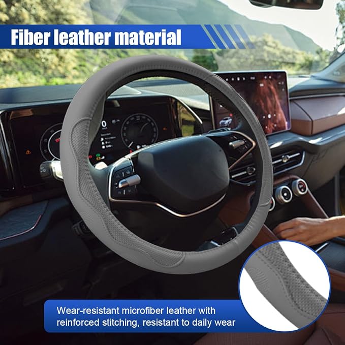 15 Inch Leather Car Steering Wheel Cover for SUV, Truck, Gray | Anti-Slip Breathable Automotive Steering Wheel Protector, Universal Heat Resistant Vehicle Interior Accessories