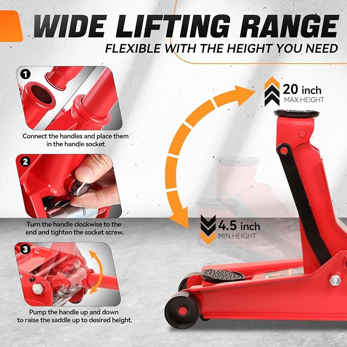 4 Ton Low Profile Floor Jack, Heavy Duty Steel Hydraulic Car Jack with Dual Pistons Quick Lift Pump, Hydraulic Racing Floor Jack, Lifting Range 4.5" to 20", Red