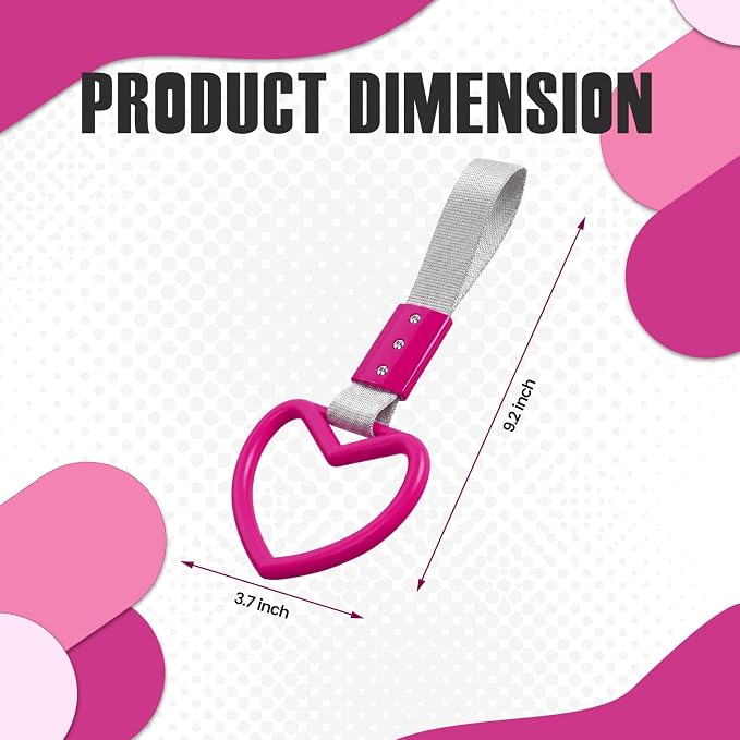 2PCS Heart Shaped Car Handle Straps, Rear Bumper Warning Keychain Ring for Car Exterior Accessories (Hot Pink-Silver)