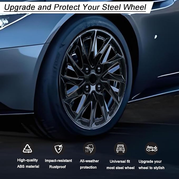 Hubcap Wheel Cover Replacement R15 Hub Caps Universal-Fit Steel Wheel Rim Cover ABS Material Exterior Accessories for Car Truck SUV -Set of 4（15-inch，Black）
