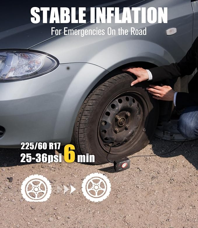 12V Tire Inflator Portable Air Compressor, Portable Car Air Pump w/Display Gauge and LED Light, Air Pump for Car Tires, Bike, Motorcycle, Compact, Lightweight (Red)