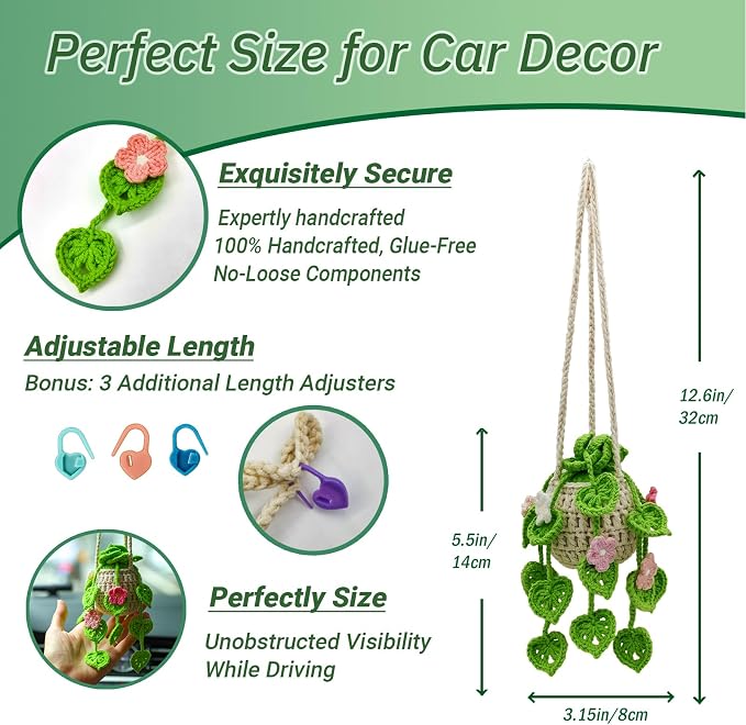 Crochet Hanging Plant for Car,Car Decorations Interior,Plant Strawberry Aesthetic Car Accessories for Women Interior Cute,Car Ornaments Charms for Rear View Mirror, Home decor