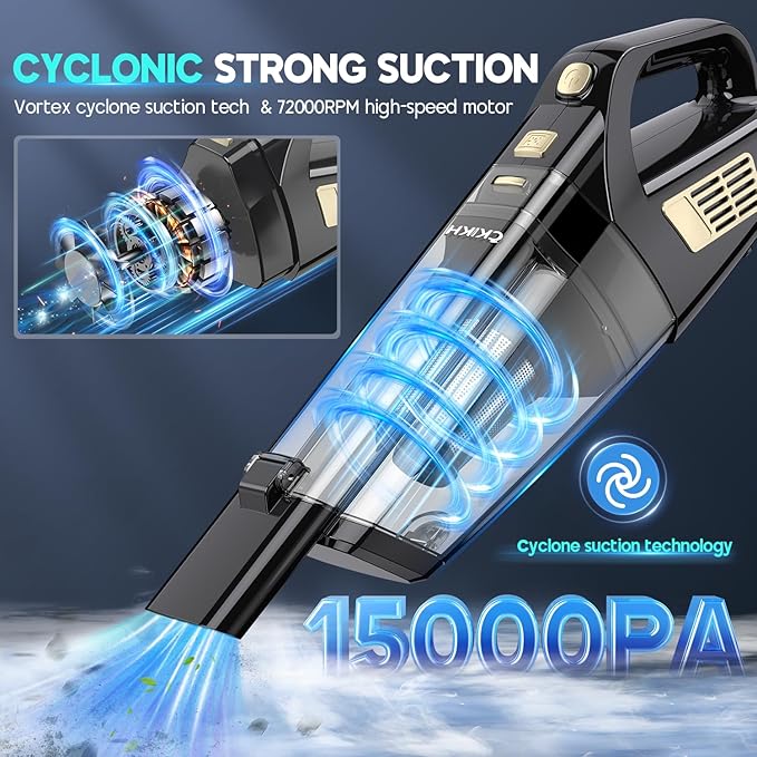 Handheld Vacuum Cordless, 15000PA Strong Suction Hand Held Car Vacuum Cleaner Portable with Multi-Nozzles & Washable Filter, Lightweight Rechargeable Vacuum Cleaner for Home, Car, Office, Pets