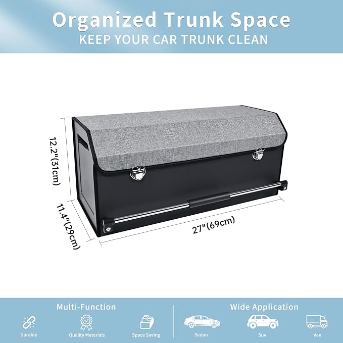 SUV Trunk Organizer, Collapsible Car Trunk Organizer with Lid and Sturdy Handle Car Trunk Leather Storage Box SVU Cargo Storage (Grey, 27.1 x 11.4 x 12.2in)