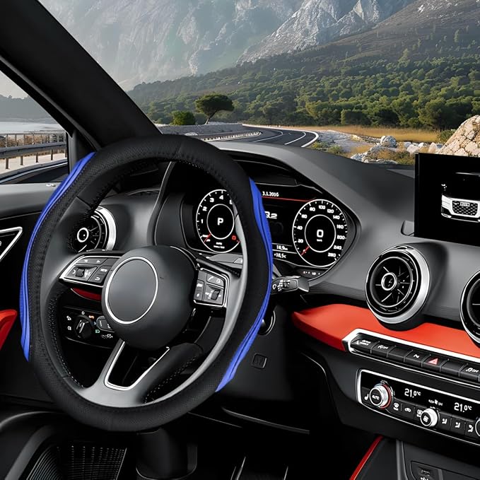 15 Inch Car Leather Steering Wheel Cover, Automotive Accessories Elastic Breathable Anti-Slip Soft Wheel Protector Fits Men and Women, Suitable for SUVs, Trucks, Vehicles and RVs (Black/Blue)