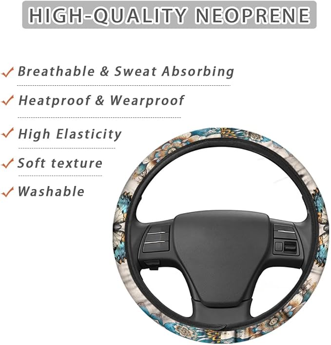 Steering Wheel Cover Boho Mandala Flower Butterfly Pattern Anti-Slip Car Wheel Protector Perfectly fit for 15 inches Car Accessories Universal Fit Car SUV Van Truck