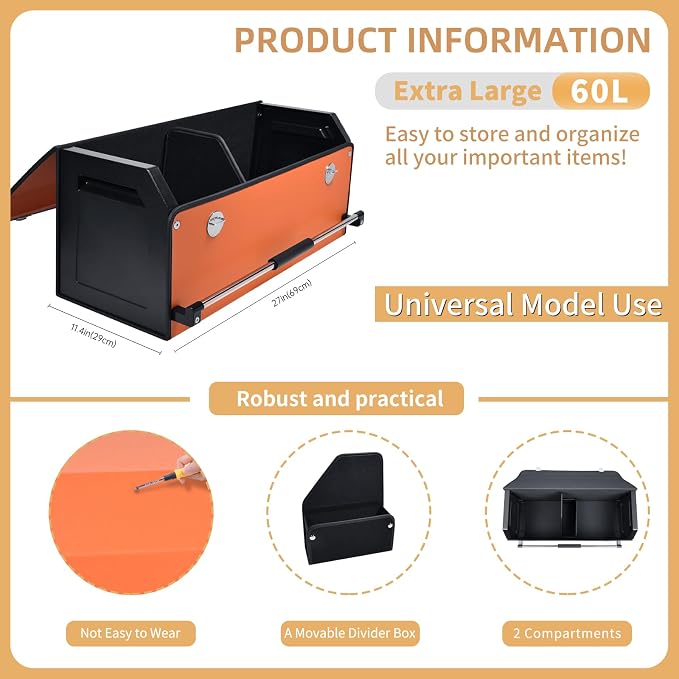 Car Trunk Organizer for SUV, Collapsible Leather Car Storage Trunk Organizer with Lid and Sturdy Handle Car Trunk Leather Storage Box (Orange, 27.1 x 11.4 x 12.2in)