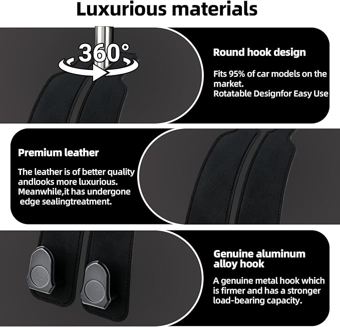 Car Purse Hook 2 Pack Headrest Hooks for Car, Luxurious Leather Material, Seat Back Storage Hook Multifunctional Car Seat Hooks Keep Car Tidy (Black)