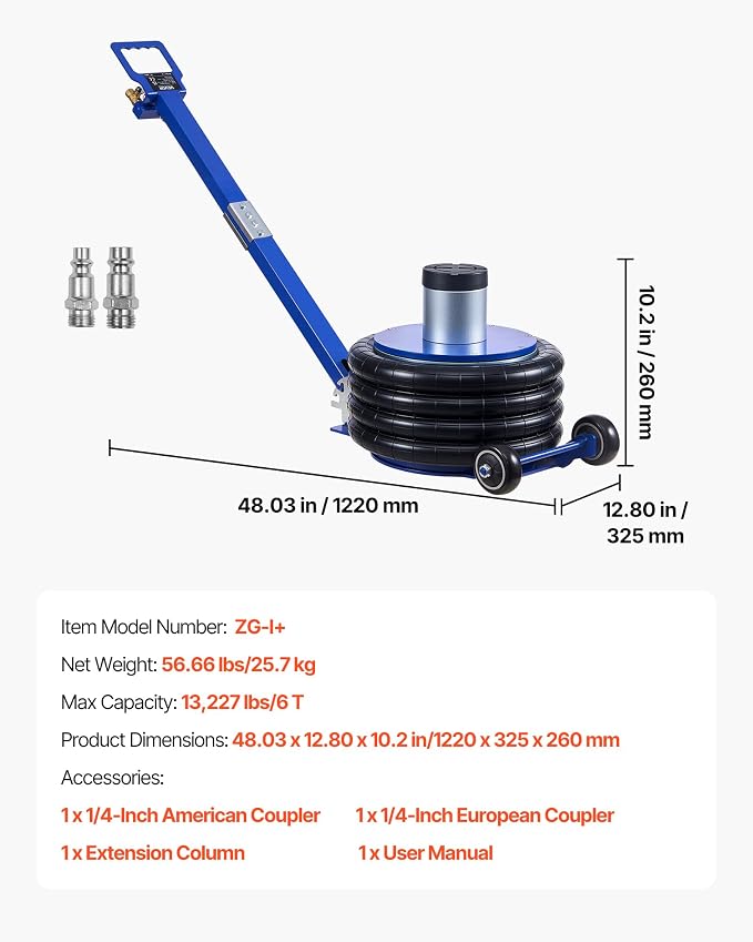 Air Jack, 6 Ton/13227 lbs Airbag Jack, Lift Up to 26.5 inch with Heightened Column, Adjustable Handle & Thick Rubber Pad, 2-5 s Fast Lifting Pneumatic for Car, SUV, Pickup Truck Repair, Garage