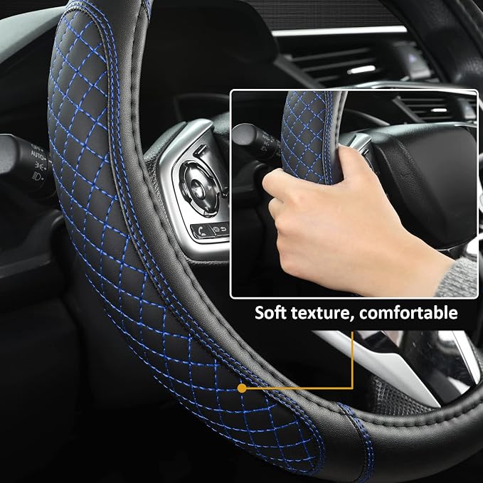 Car Steering Wheel Cover for Ford Escape,Explorer,Fusion,Focus,Bronco,Transit,Edge(Diamond Quilted - Black+Blue- Standard Size)