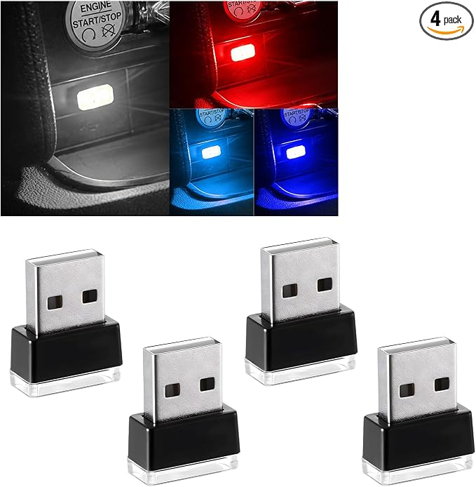 4 PCS USB LED Car Interior Atmosphere Lamp, Plug-in USB Decor Night Light, Portable Auto Ambient Lighting Kit, Universal Vehicle Interior Accessories for Most Cars (White+Red+Blue+Ice Blue)