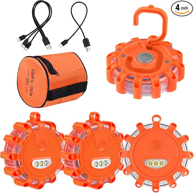 USB-C Rechargeable LED Road Flares Roadside Emergency Light, Safety Warning Flashing Flare Beacon Disc Strobe Traffic with Magnetic Base for Construction Vehicles Truck Boat(Red,4 Pack)