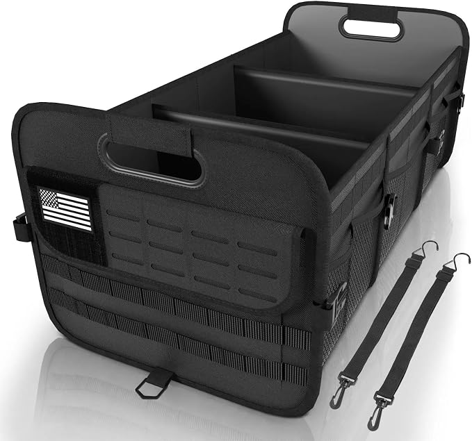Car Trunk Organizer for SUV - 105L Collapsible Tactical MOLLE Car Storage with Reinforced Handles & Multiple Pockets, Sturdy Trunk Organizers for Groceries, Tools & Outdoor Storage (Black)