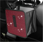 Car Trash Can, Bling Rhinestone Crystal Waterproof Hanging Garbage Bag for Car Interior, Oxford Leakproof Foldable Waste Organizer Trash Bin Universal for Most Vehicles (Red)