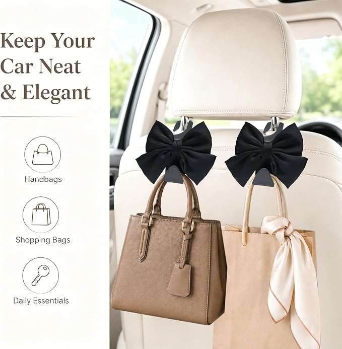 2 Pack Car Purse Holder for Handbags and Bags, Headrest Back Seat Hooks for Cars, Car Bag Hanger for Groceries, Coats, Umbrellas and Daily Essentials, Bow-Shaped Car Interior Organizer (Black silk)