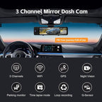 3 Channel Rear View Mirror Camera, 4K+1080P+1080P Front Inside and Rear Car Camera, 12" Touch Screen Backup Camera with 5GHz WiFi GPS, 24H Parking Mode, HDR Night Vision, G Sensor, Free 64G Card