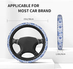 Blue Flower Steering Wheel Cover - 15 Inch Blue Floral Steering Wheel Cover Anti-Slip Breathable Universal 2 Pcs Car Interior Cup Holder Pad for Men Women