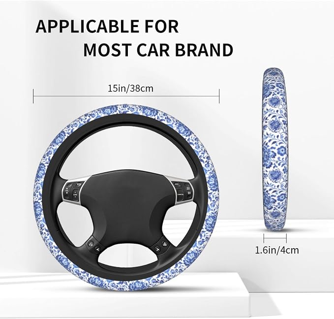 Blue Flower Steering Wheel Cover - 15 Inch Blue Floral Steering Wheel Cover Anti-Slip Breathable Universal 2 Pcs Car Interior Cup Holder Pad for Men Women